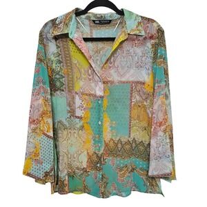Zara Boho Cottagecore Vintage Patchwork Satin-like Blouse Paisley Floral Scarf S